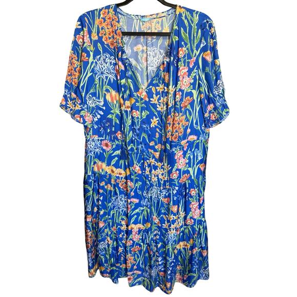 J. McLaughlin Lille Silk Tiered Midi Dress Madeira Flora Blue Size Large NWOT - Picture 4 of 10